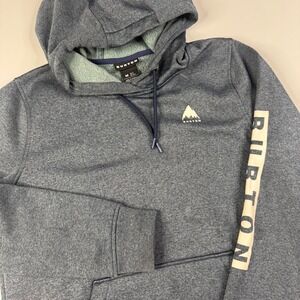 Burton Mens Heathered Blue Tech Fleece Pullover Hoodie Logo Sleeve Size Medium
